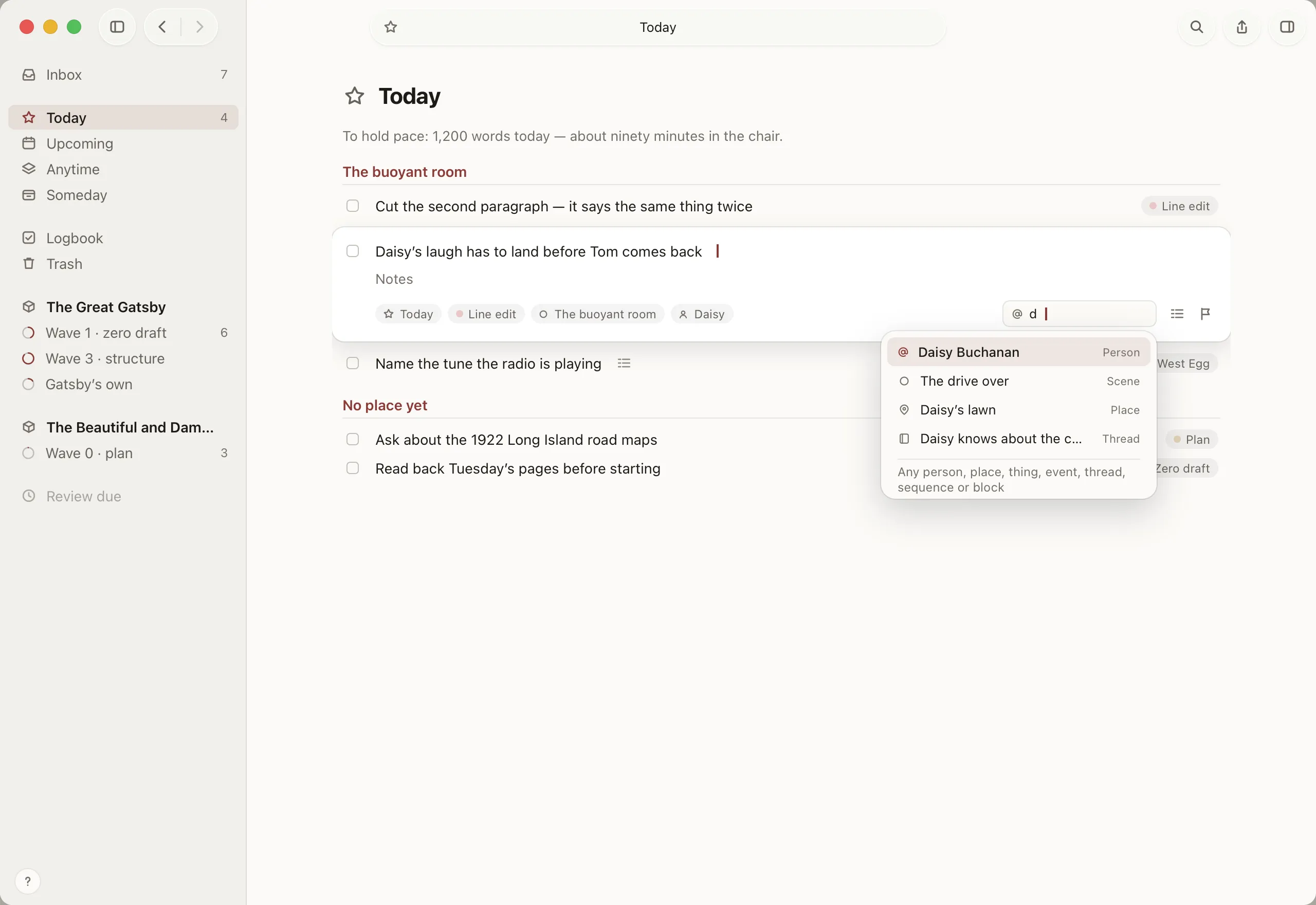 Kolophon's Today list: revision tasks grouped by scene, one open with links to Daisy, a scene and a thread.